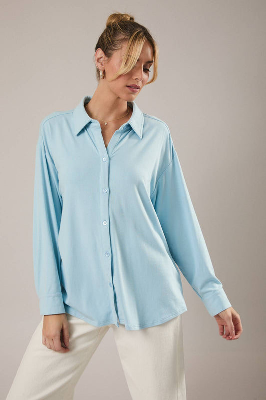 Baby Blue Jersey Button Down Shirt - 142077