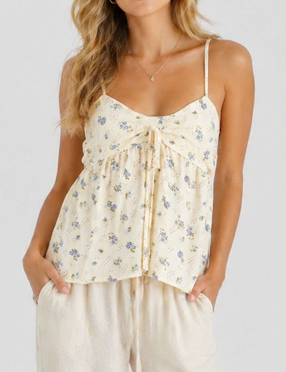 Cream Boho Floral Print Tie Neck Cami Top-148654