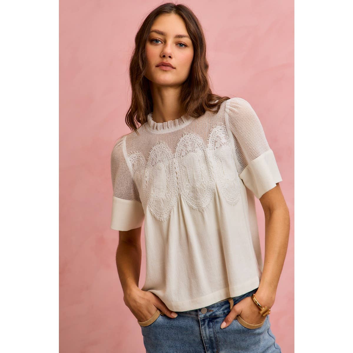 White Linen Blend Lace Trim Shirt-144039