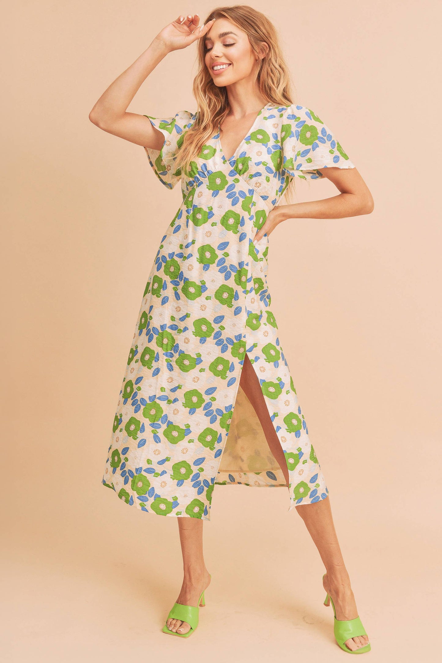 Cream w/ Green Floral Inessa Dress-124109