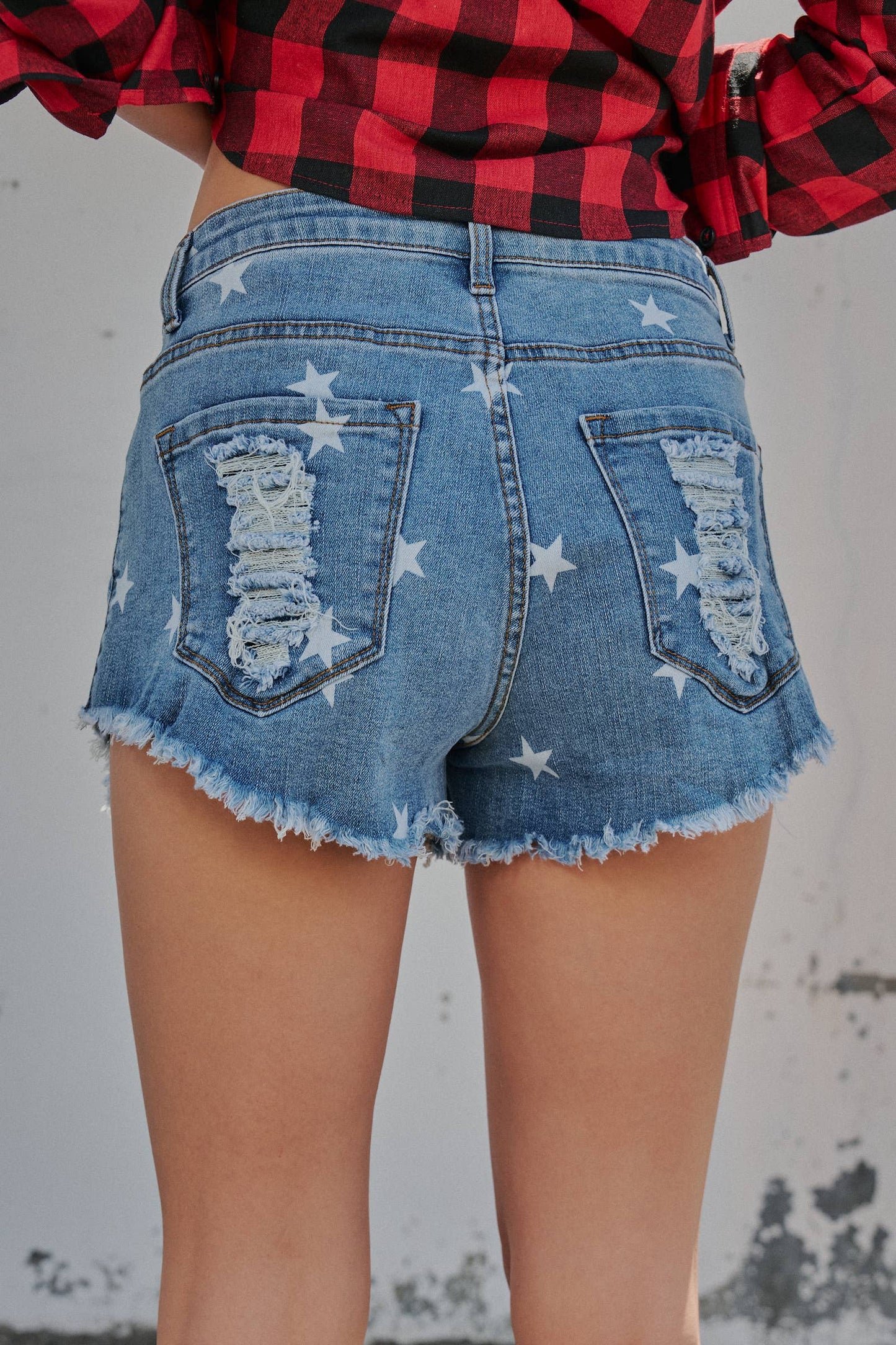 Light Denim Stars And Stripes Cutoff Distressed Shorts-110196