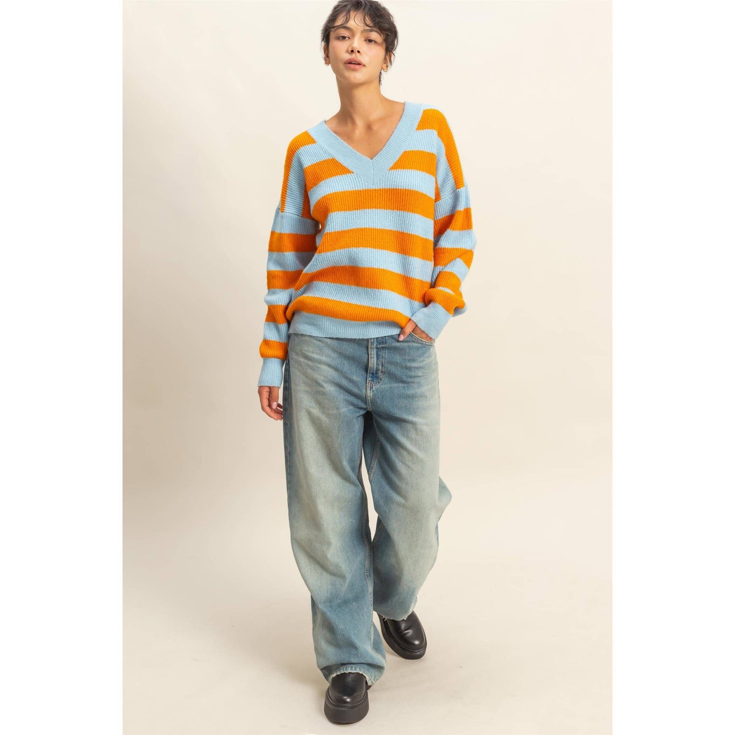 Orange and Blue Oversized Striped V-Neck Sweater