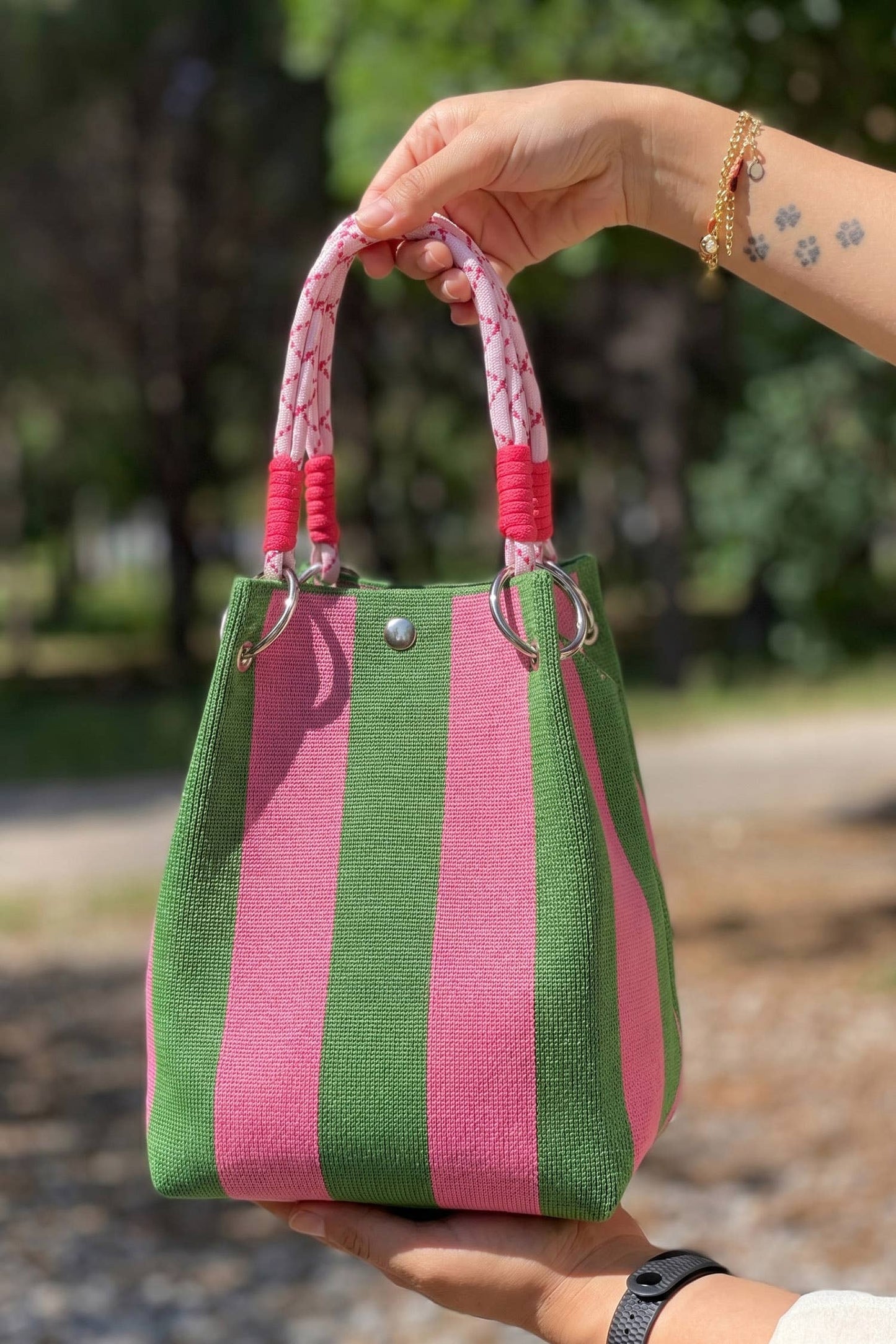 Boho Striped Fern Green and Pink Tote Bag with Ring  and Rope Handle