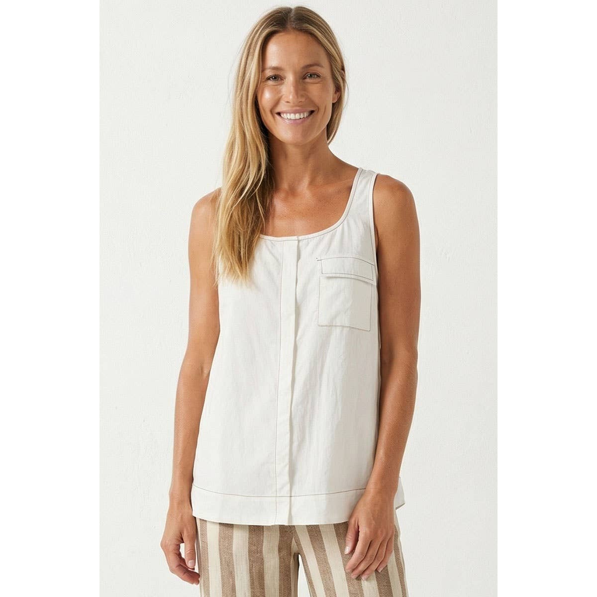 Cream with Beige Stitch and Pocket Top - 149848