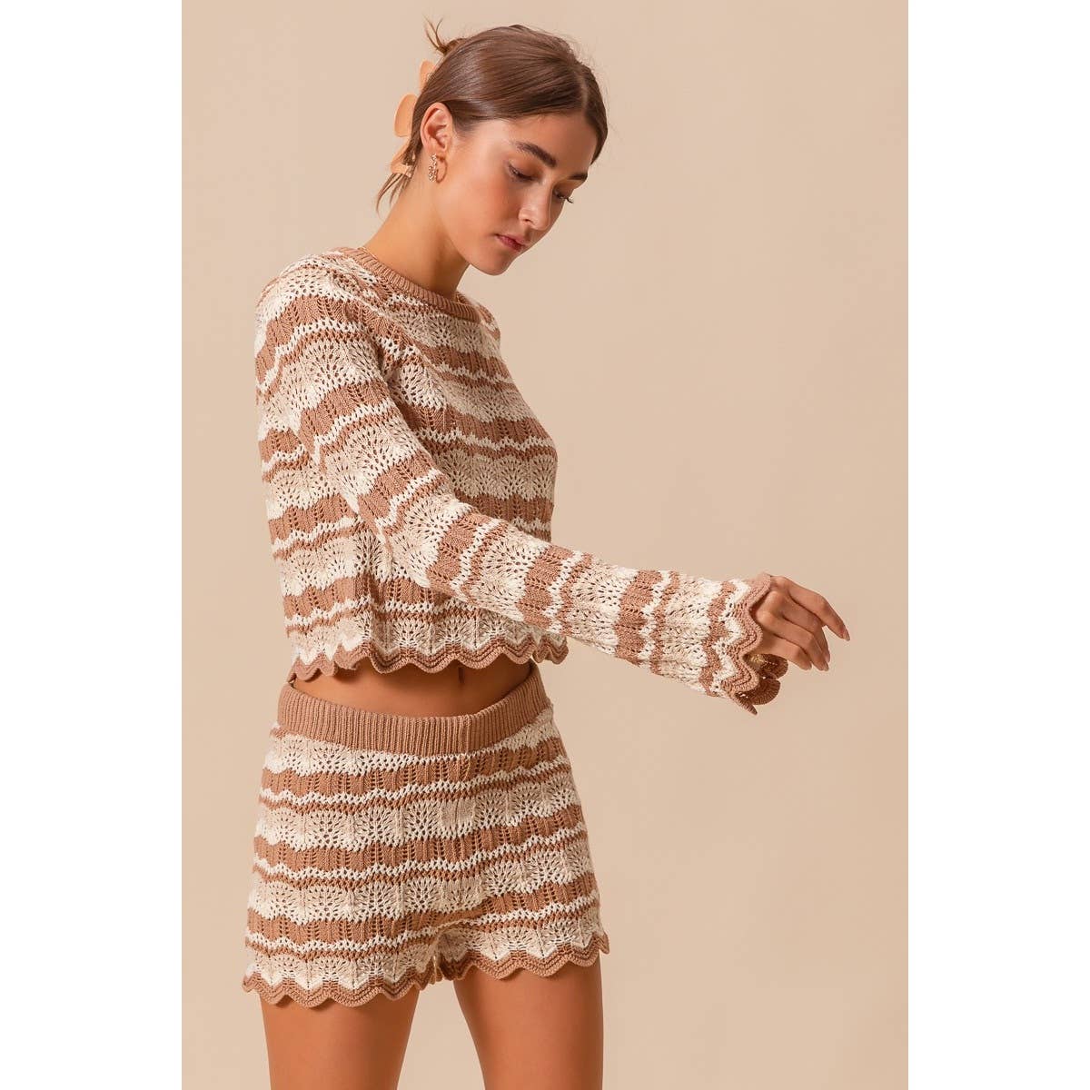 Black Combo Crochet Knitted Scallop Edge Shorts- 111137