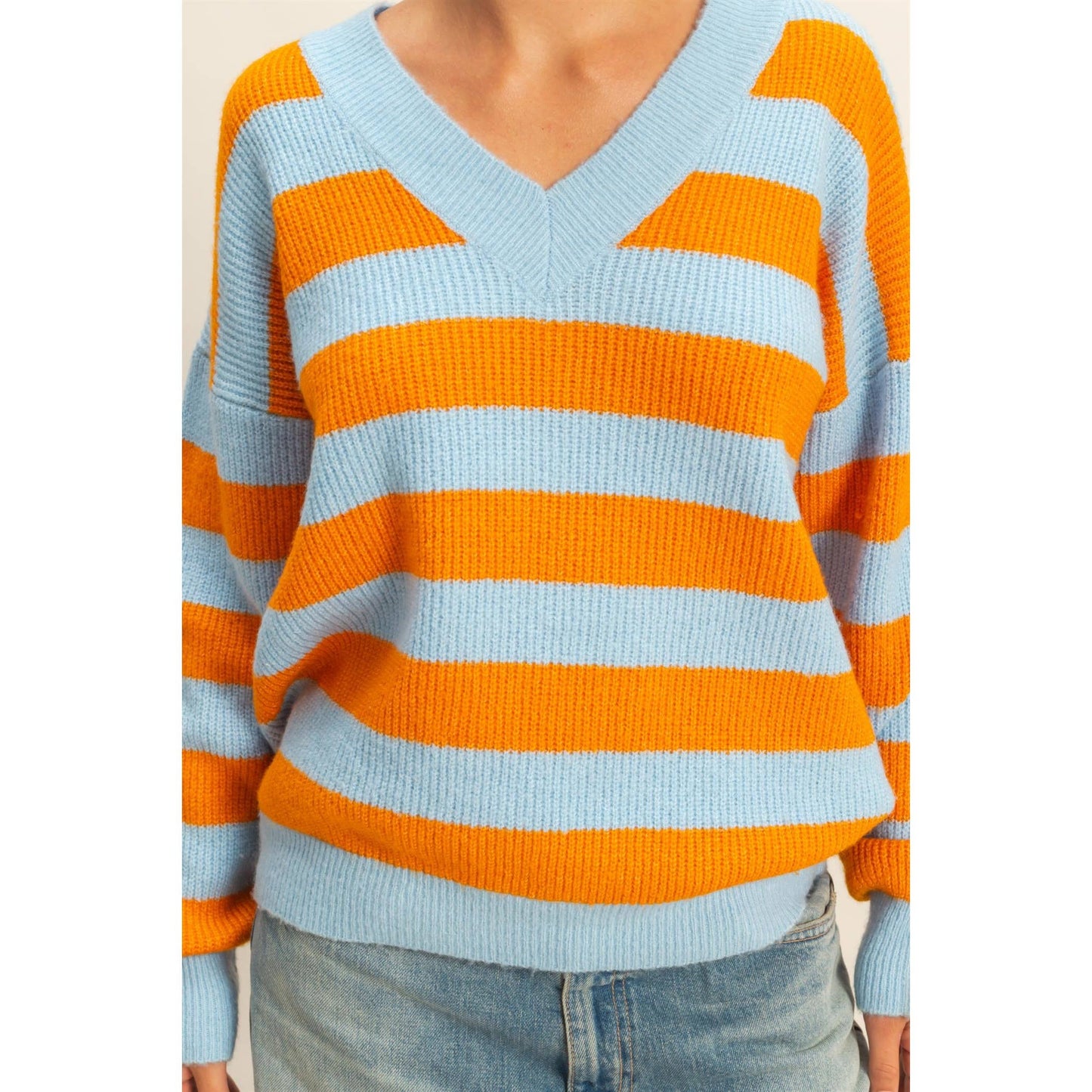 Orange and Blue Oversized Striped V-Neck Sweater