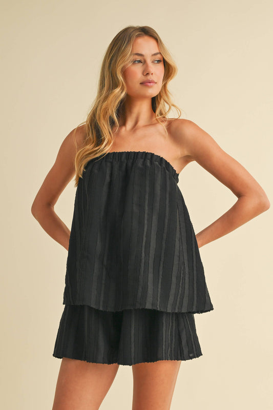 Flowy Black Textured Tube Top Romper