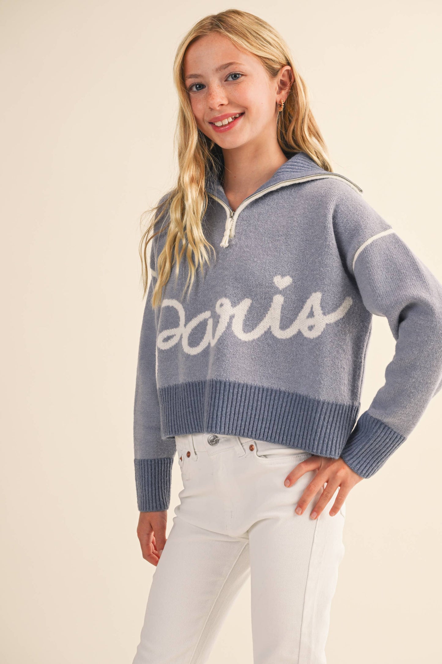 Periwinkle Blue "Paris' Half Zip Collar TWEEN Sweater