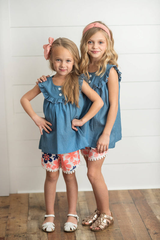 Girls Denim Flutter Top and Coral Floral Ruffle Short Set-171426