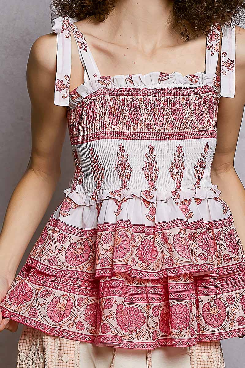 Green Ruffle Smocking Sleeveless Top-142627