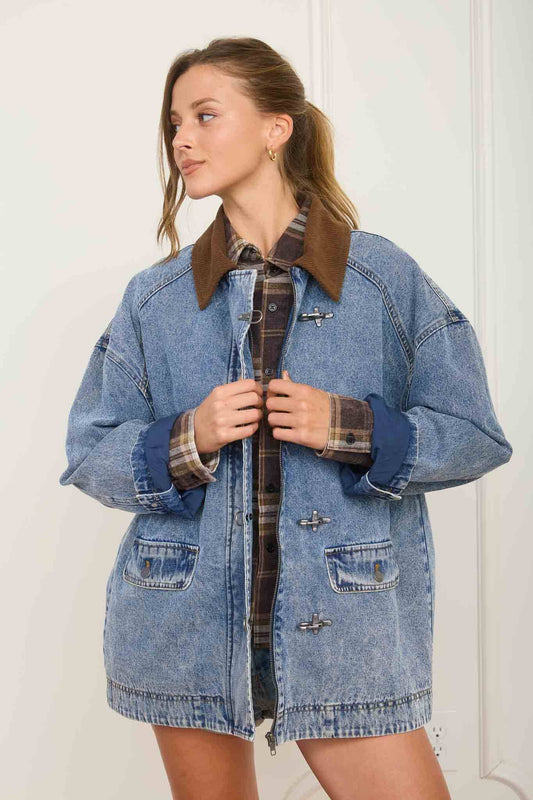 Denim Washed Contrast Collar Jacket-161002