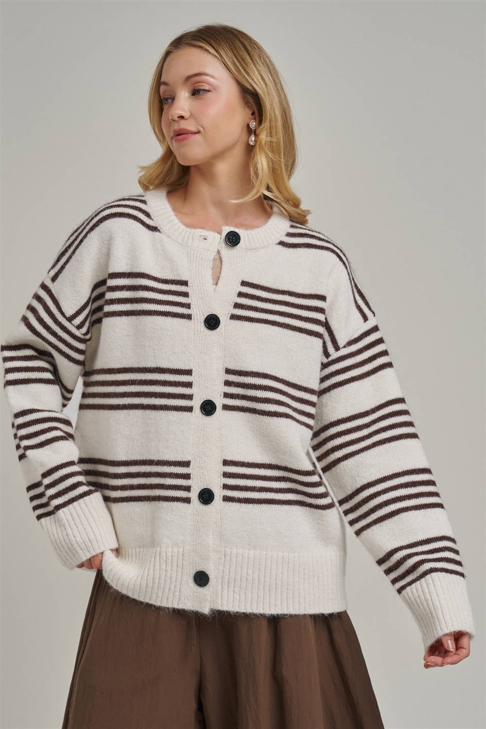 Ivory & Brown Oversized Striped Button-Down Cardigan-150316