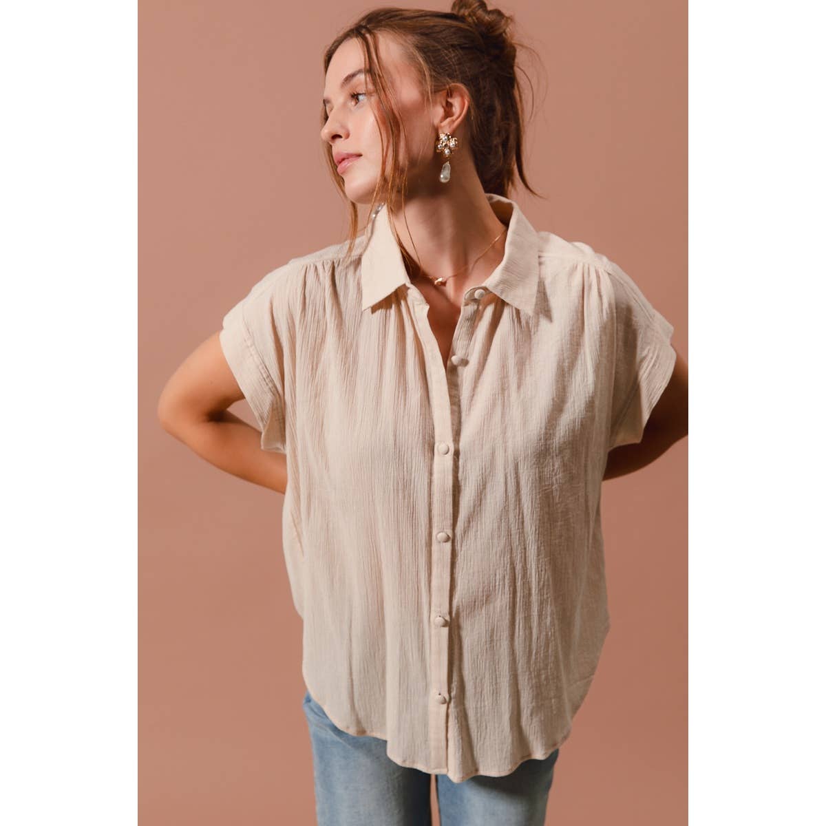 Oatmeal Woven Dolman Button Up Shirt- 141227