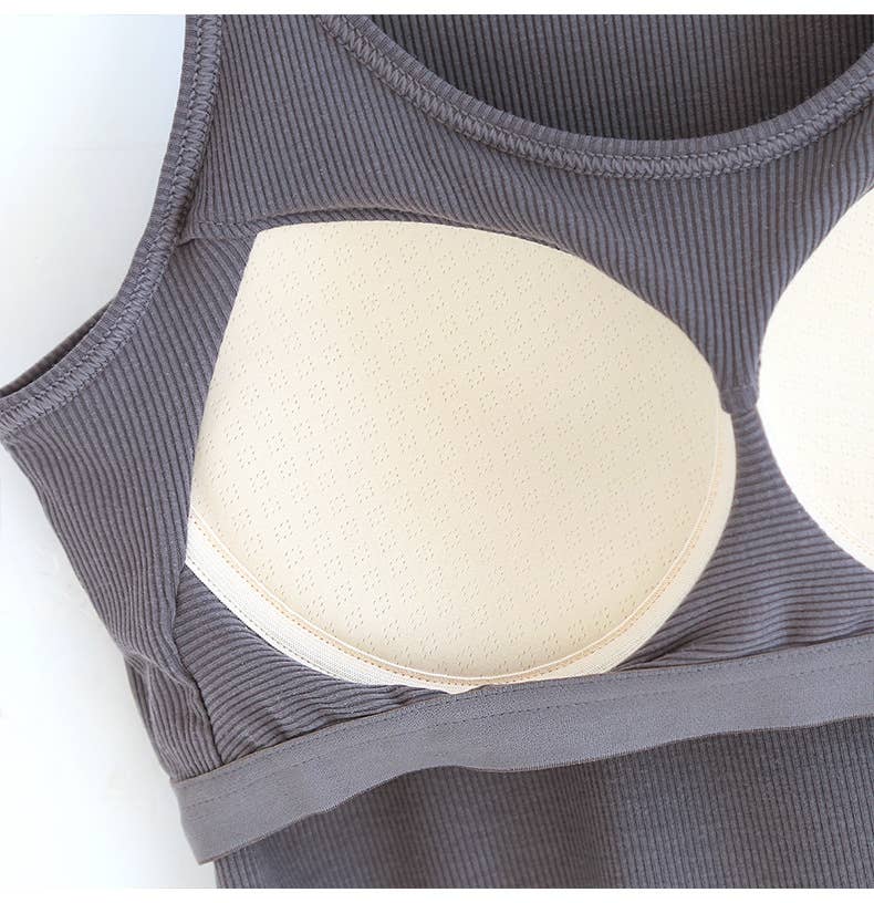 Beige athletic Spoon U-neck built-in bra rib tank top