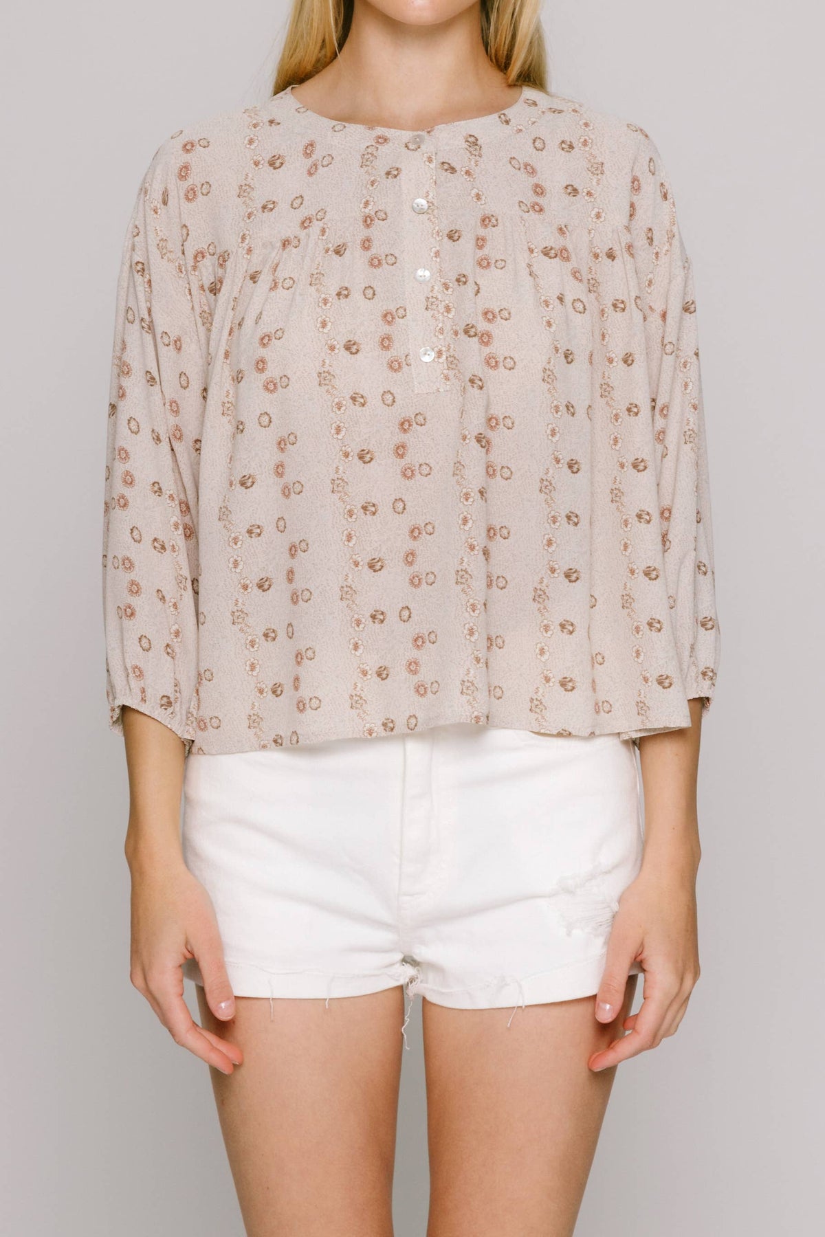 Taupe Floral Print Flowy Blouse -143052