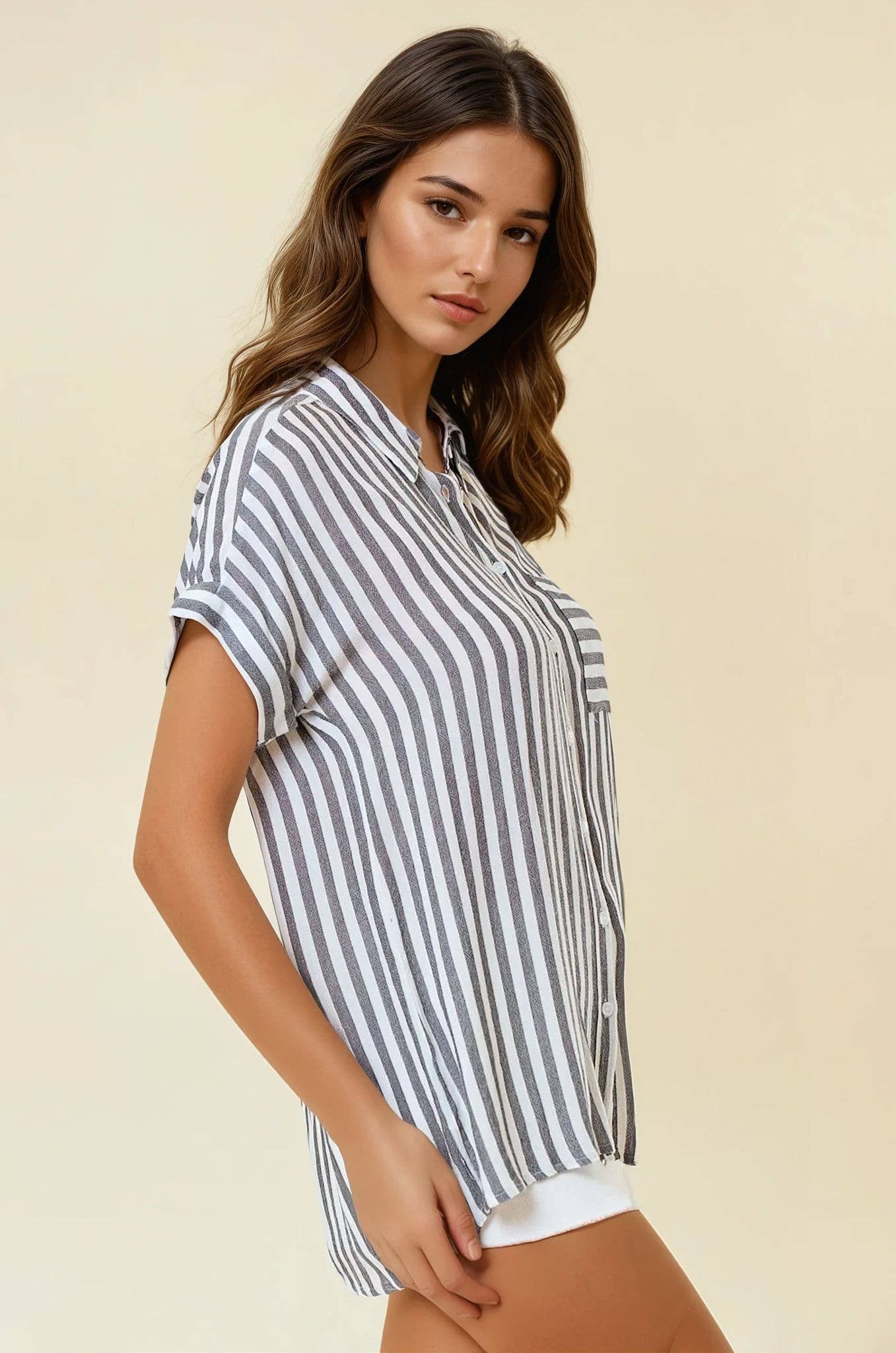 White and Faded Black Striped Shirt w/ Rolled Cuffs- 144132