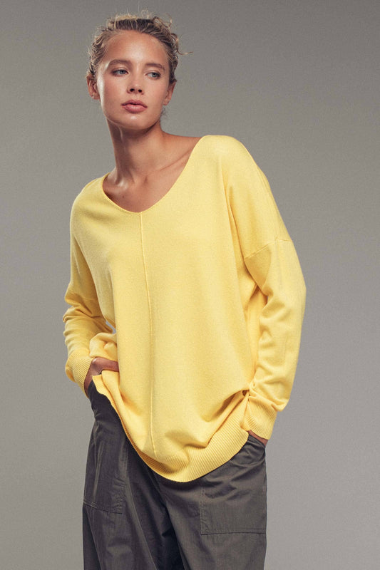 Citrus Yellow Relaxed High-Low V-Neck Tunic Sweater
