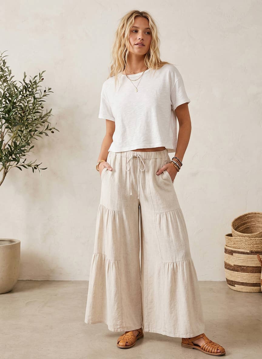 Natural Linen Blend Wide Leg Palazzo Pants-132214