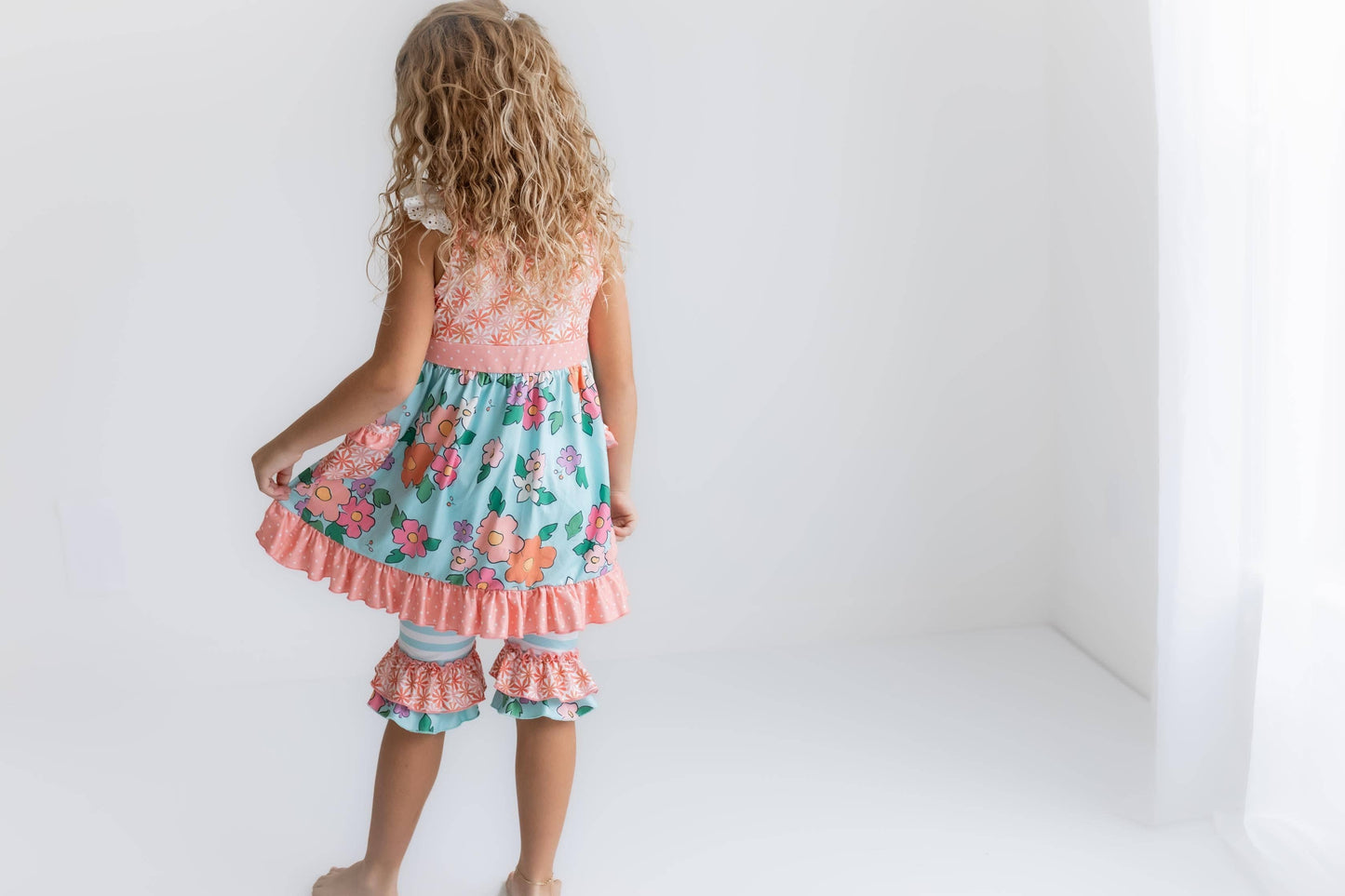Girls Peach & Teal Floral Stripe Ruffle Lace Top and Capri Set-173611