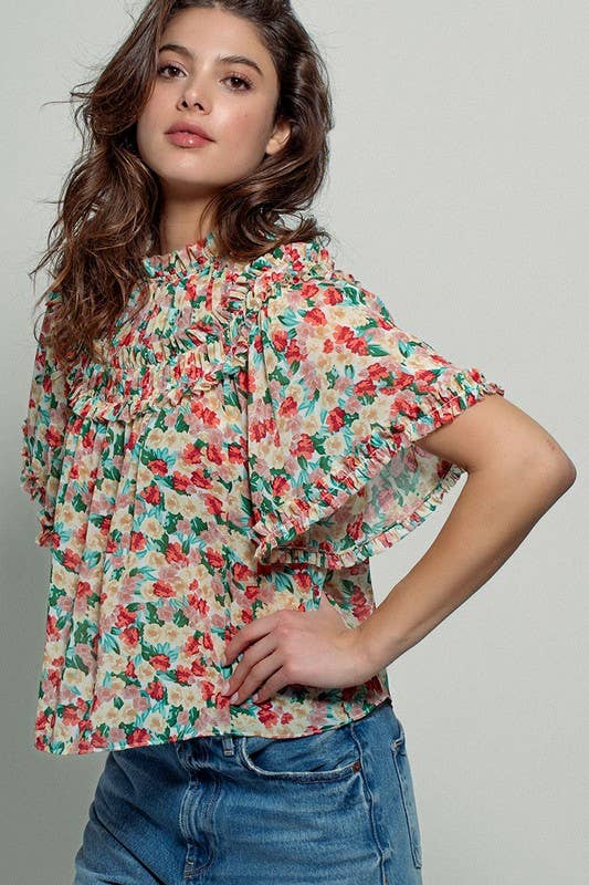 Aurora of Ruffle and Color Short Sleeve Blouse