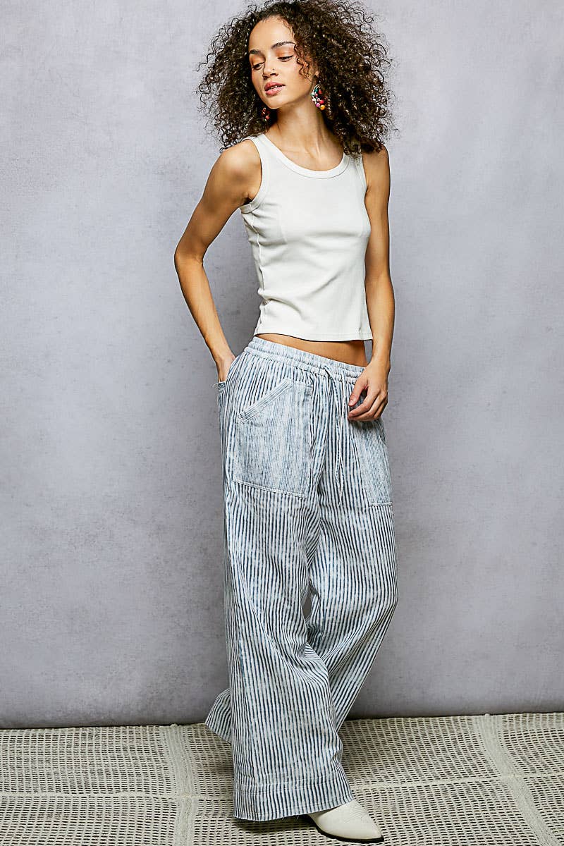 Blue Striped Big Pocket Straight Fit Pants-131018