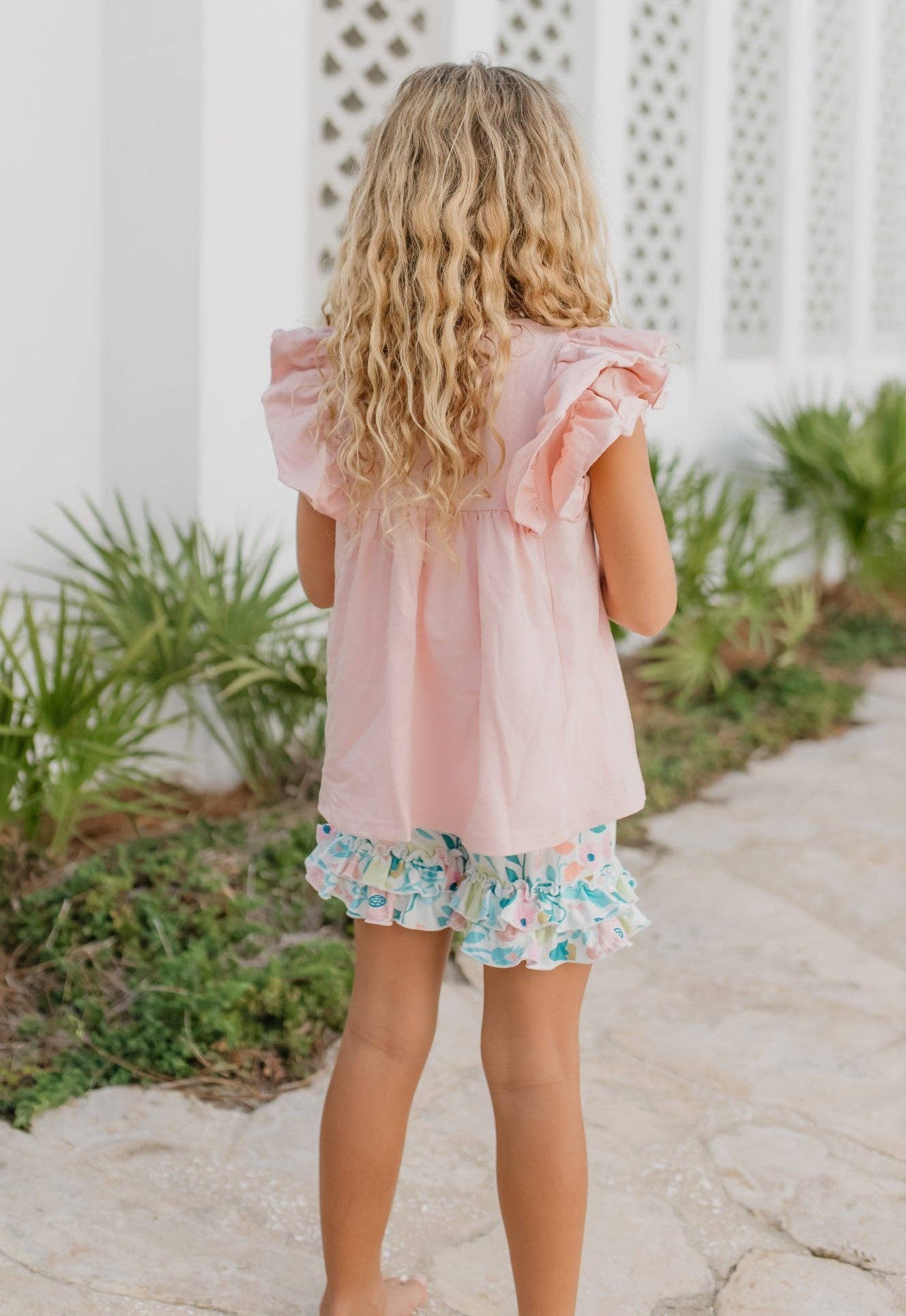 Girls Blush Ruffle Top and Floral Ruffle Short Set-171538
