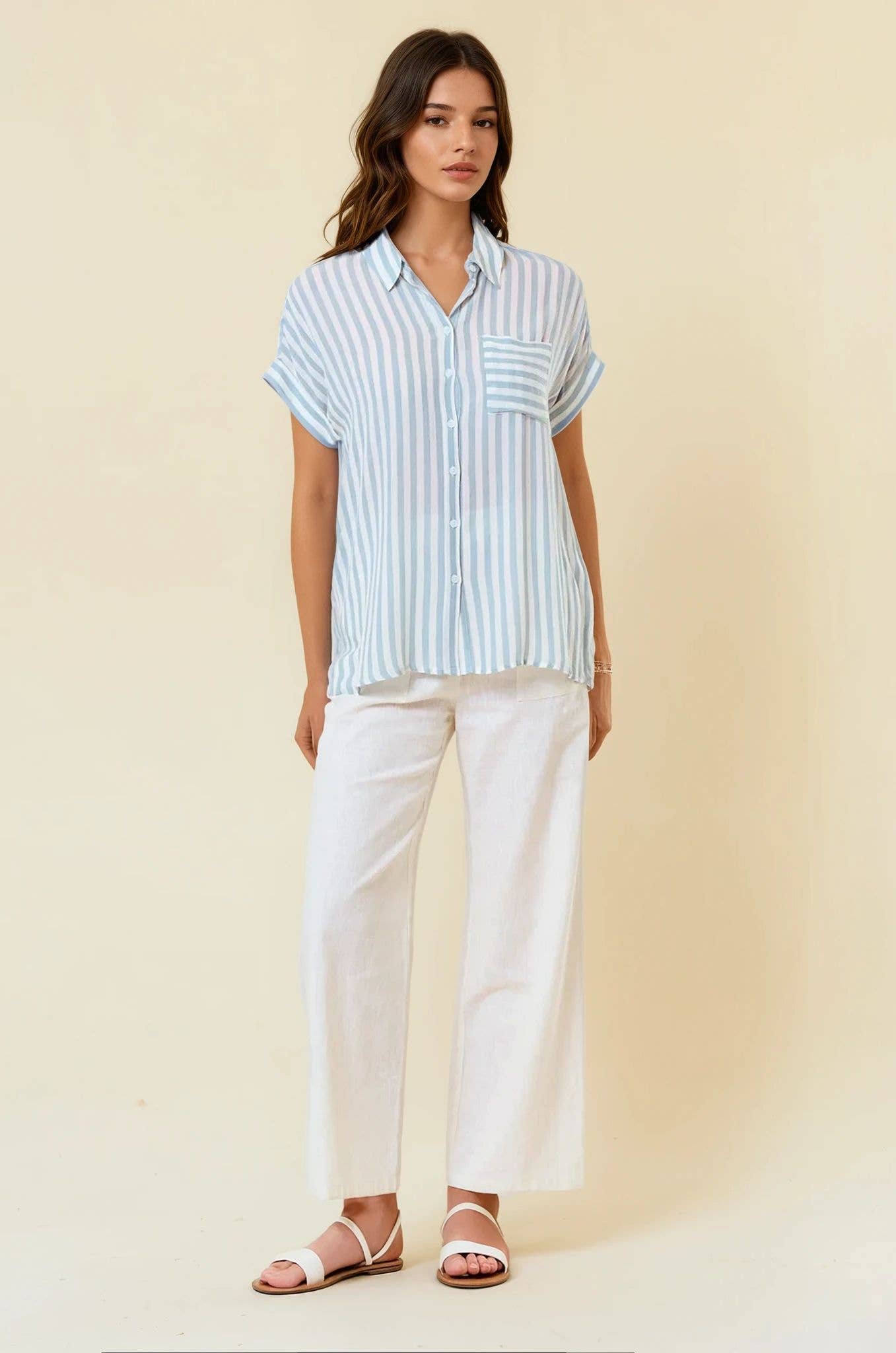 White and Dusty Blue Striped Shirt w/ Rolled Cuffs- 144132