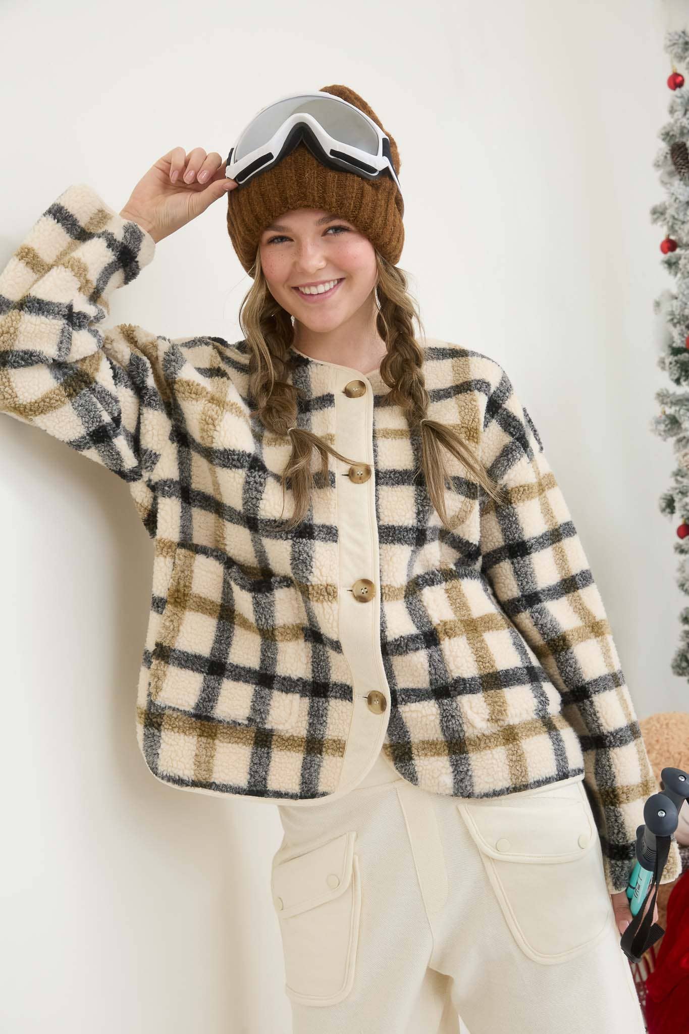 Cream Cozy Plaid Button Down "Teddy" Sherpa Jacket