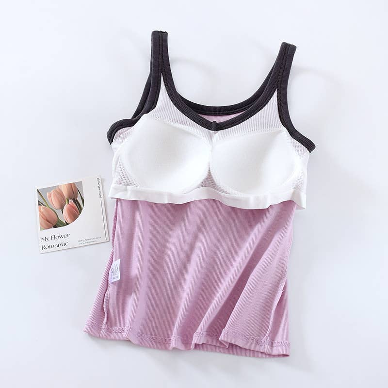 Black W/ White Contrast Trim Shelf Bra Tank Top-184295