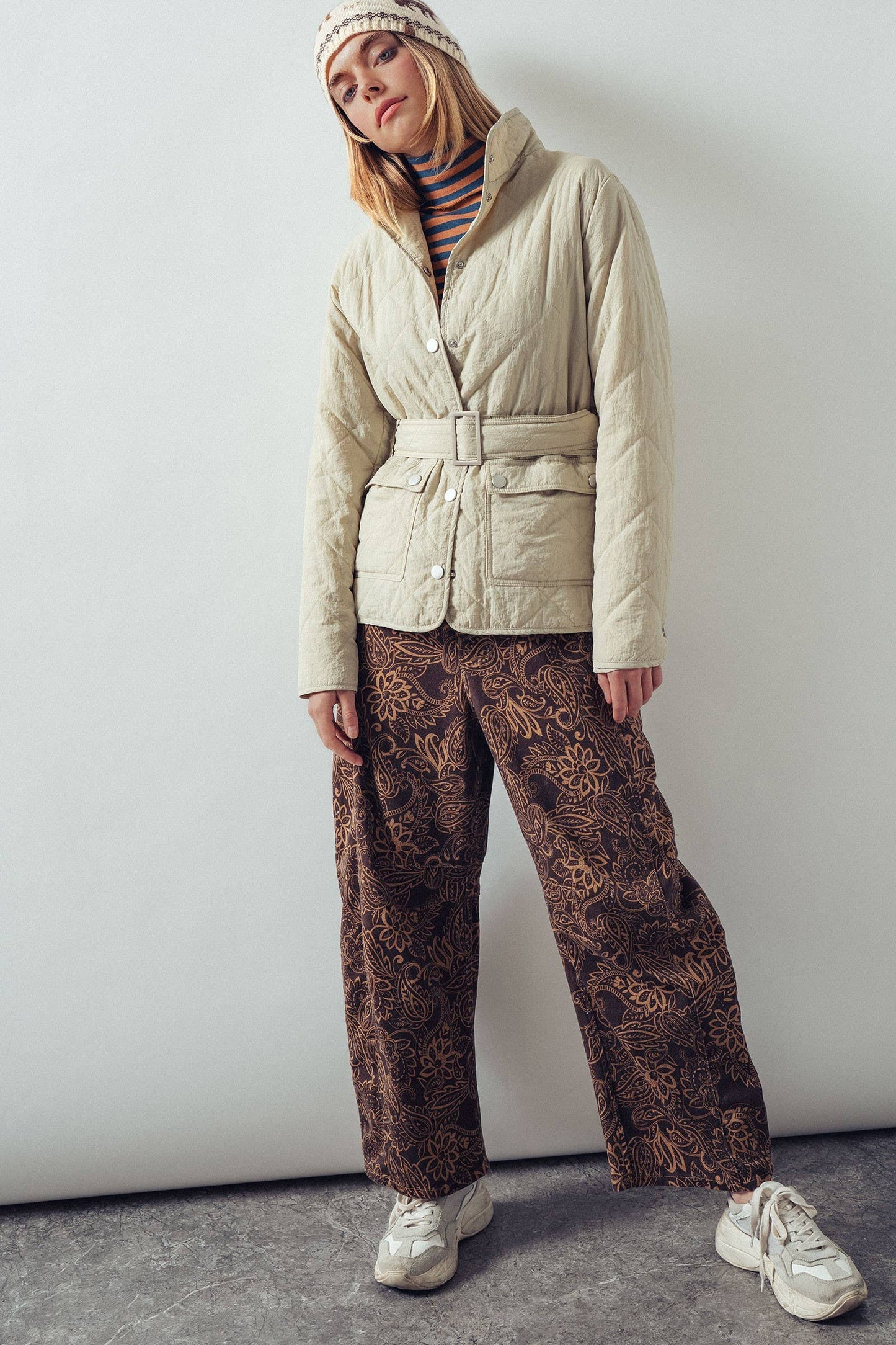 Lt Khaki Lauren Belted Diamond-Quilted Snap-Front Jacket