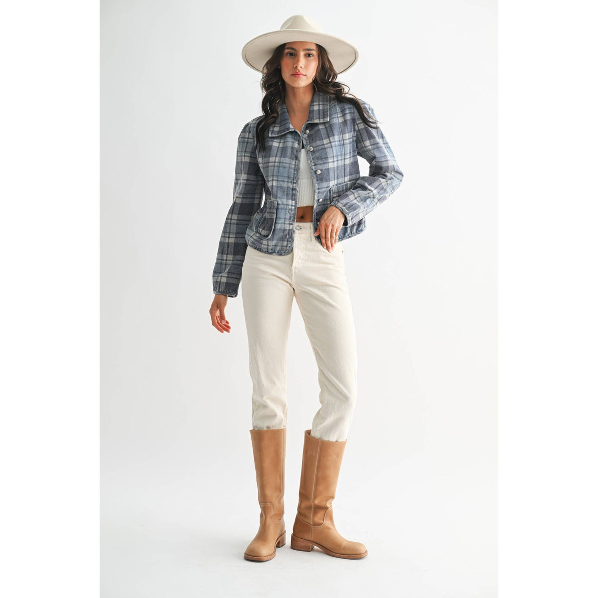 Blue Wash Denim Plaid Button-Front Jacket - 166324
