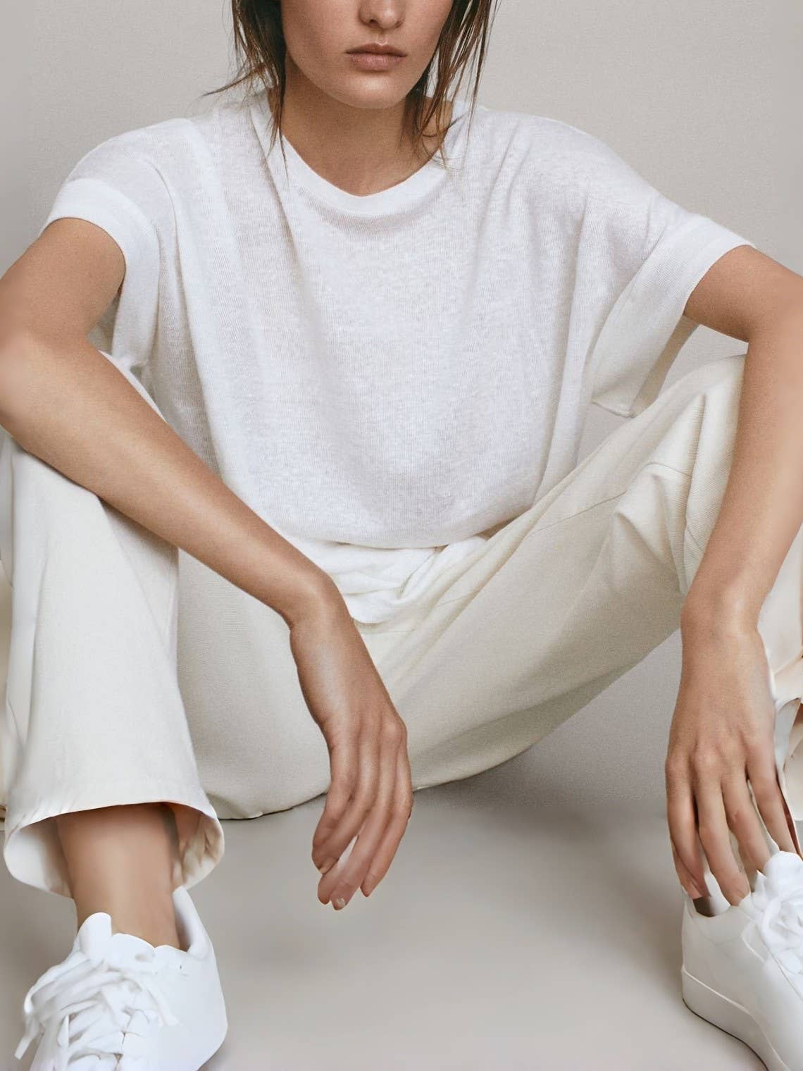 White Natural Core cotton linen blend tee relaxed fit crew - 146415