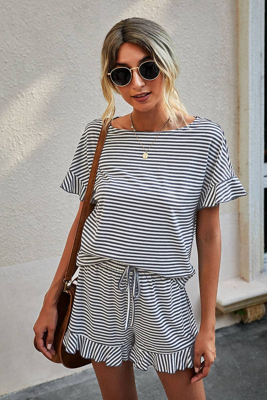 Boat Neck Grey/White Striped Top Ruffled Short Set
