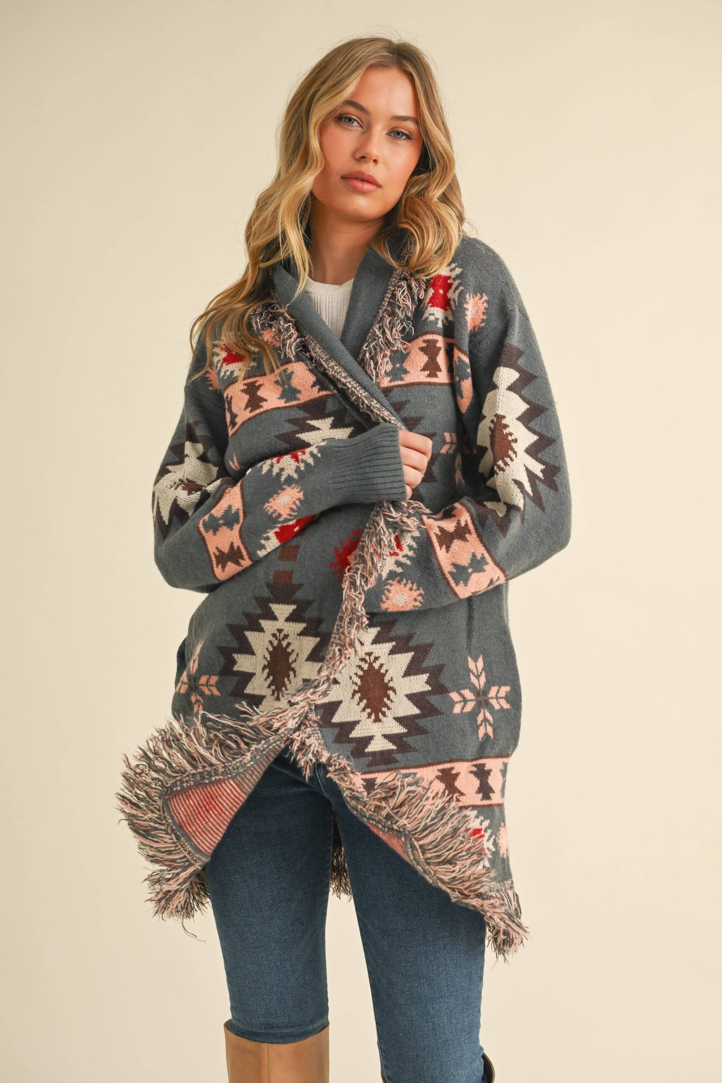 Aztec Print Fringed Knitted Long Cardigan