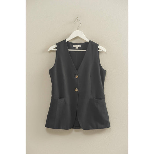 Black Soft Light Velvet Sleeveless V-Neck Tailored Button Vest