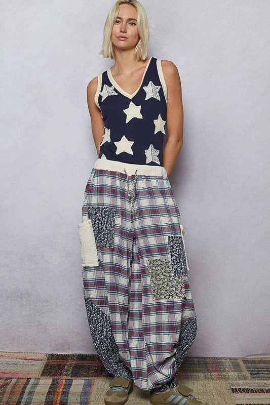 Navy Cotton V-neck Tank White Star Patches - 180286