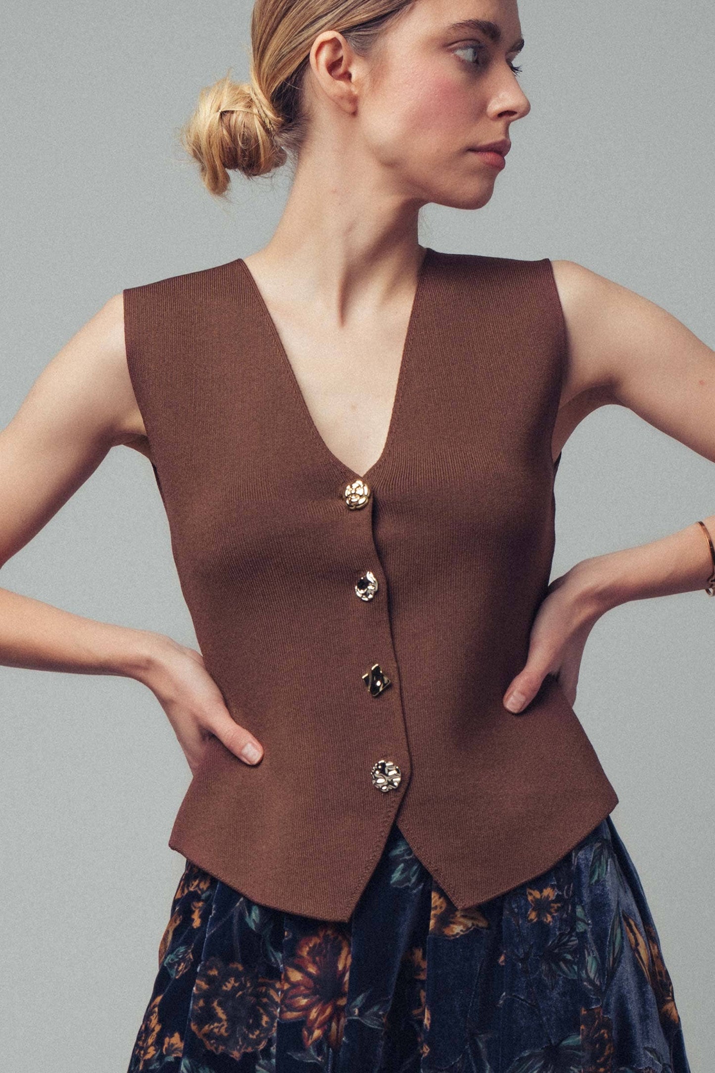 Black Ornate Mismatched Button V-Neck Knit Vest