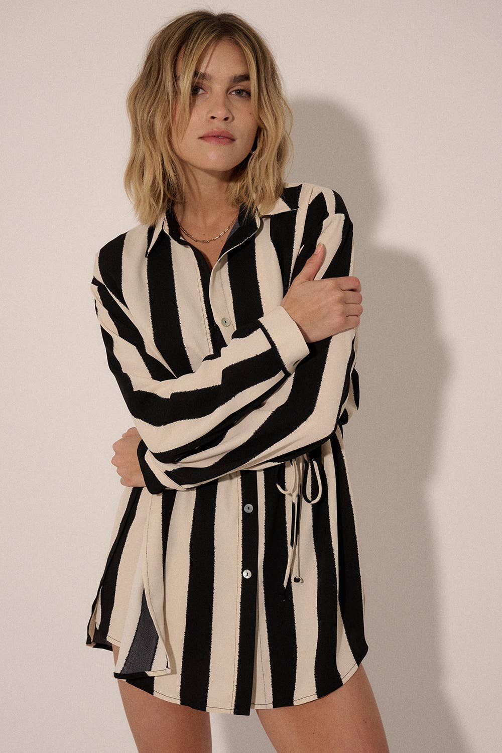 Cream and Black Striped Collared Button Front Romper-221481