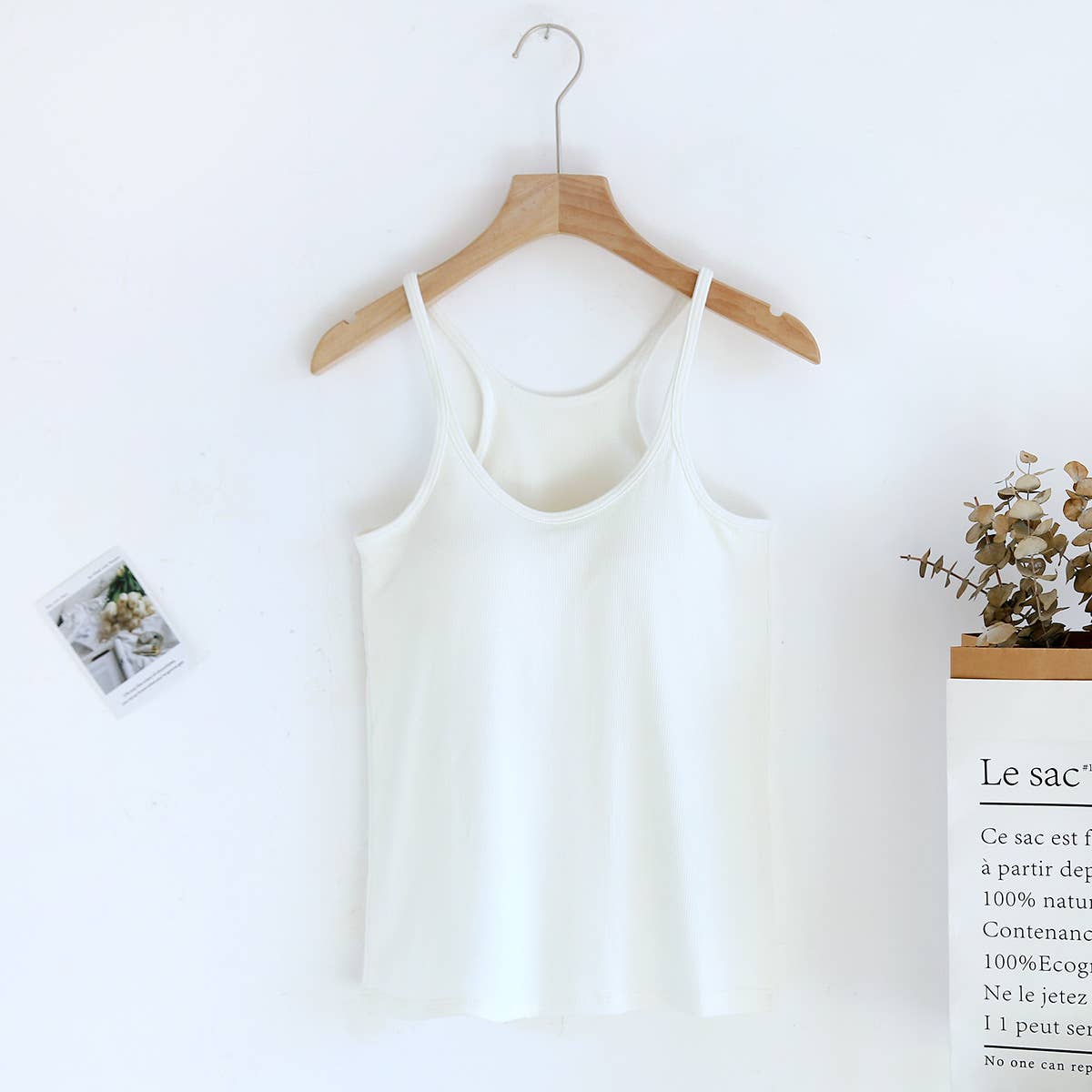 Beige athletic Spoon U-neck built-in bra rib tank top