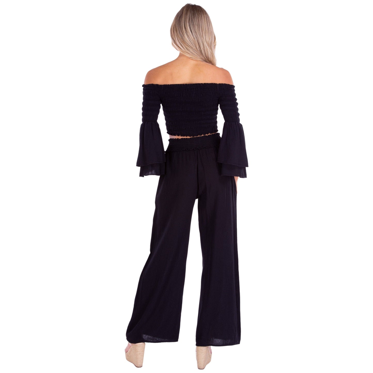 Black Smocked Waist Cotton Wide Leg Pants-131379