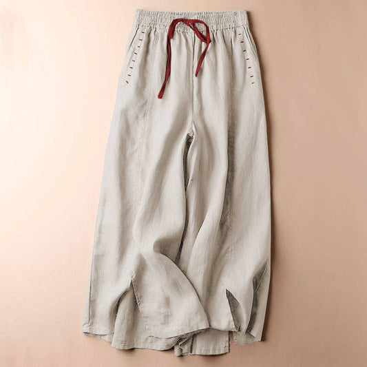 Beige w/ Red Stitch Detail Daily Wide Leg Pants- 130562