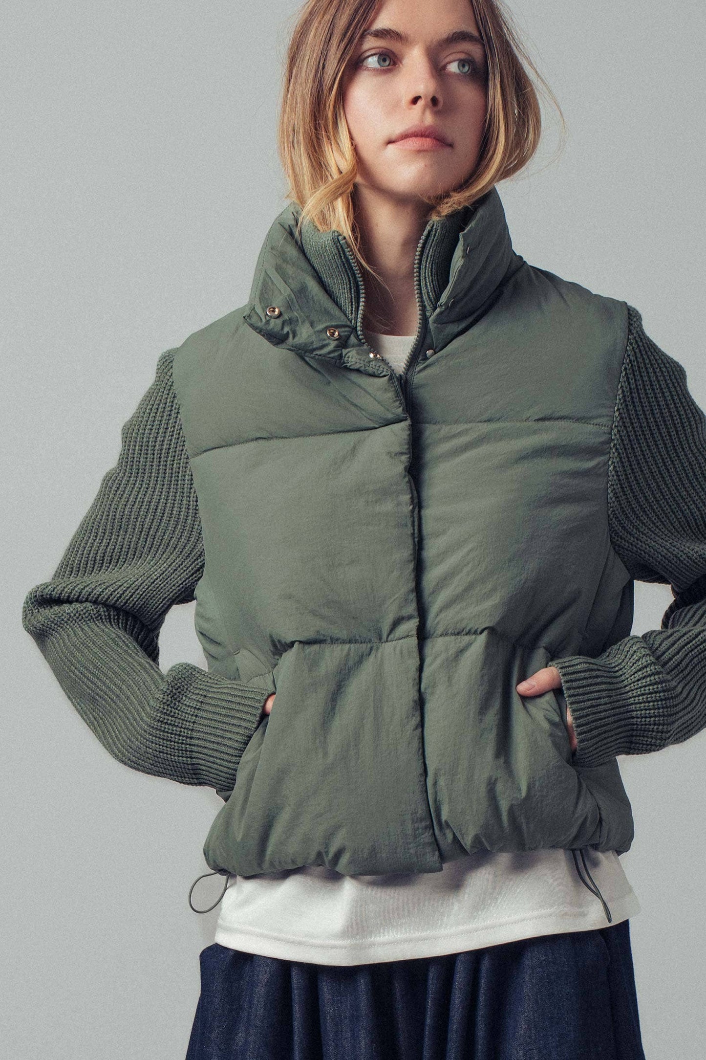 Olive Sweater Knit Sleeves Light Puffer Zipper / Snap Jacket