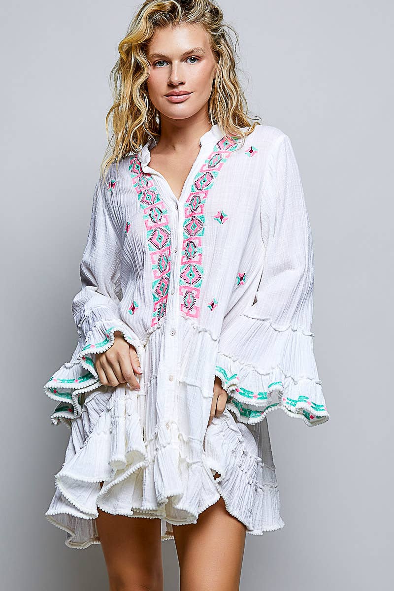 Ivory Embroidered Gauze Ruffle Button Down Dress-124040