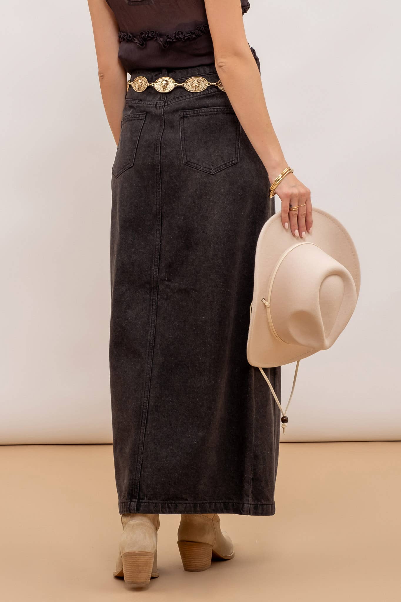 Long Black Denim Pencil Skirt