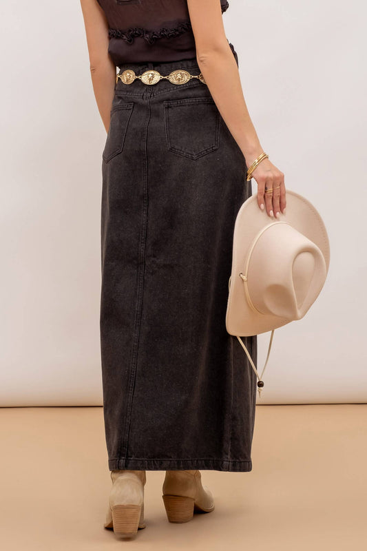 Long Black Denim Pencil Skirt
