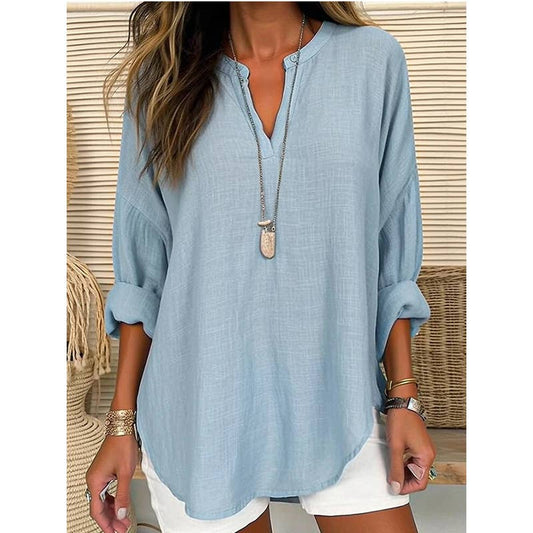 Sky Blue Linen v neck Long Sleeve Casual Shirt