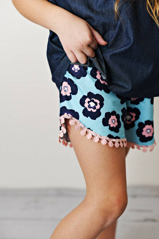 Girls Dark Denim Ruffle Top and Navy Flower Short Set-178604