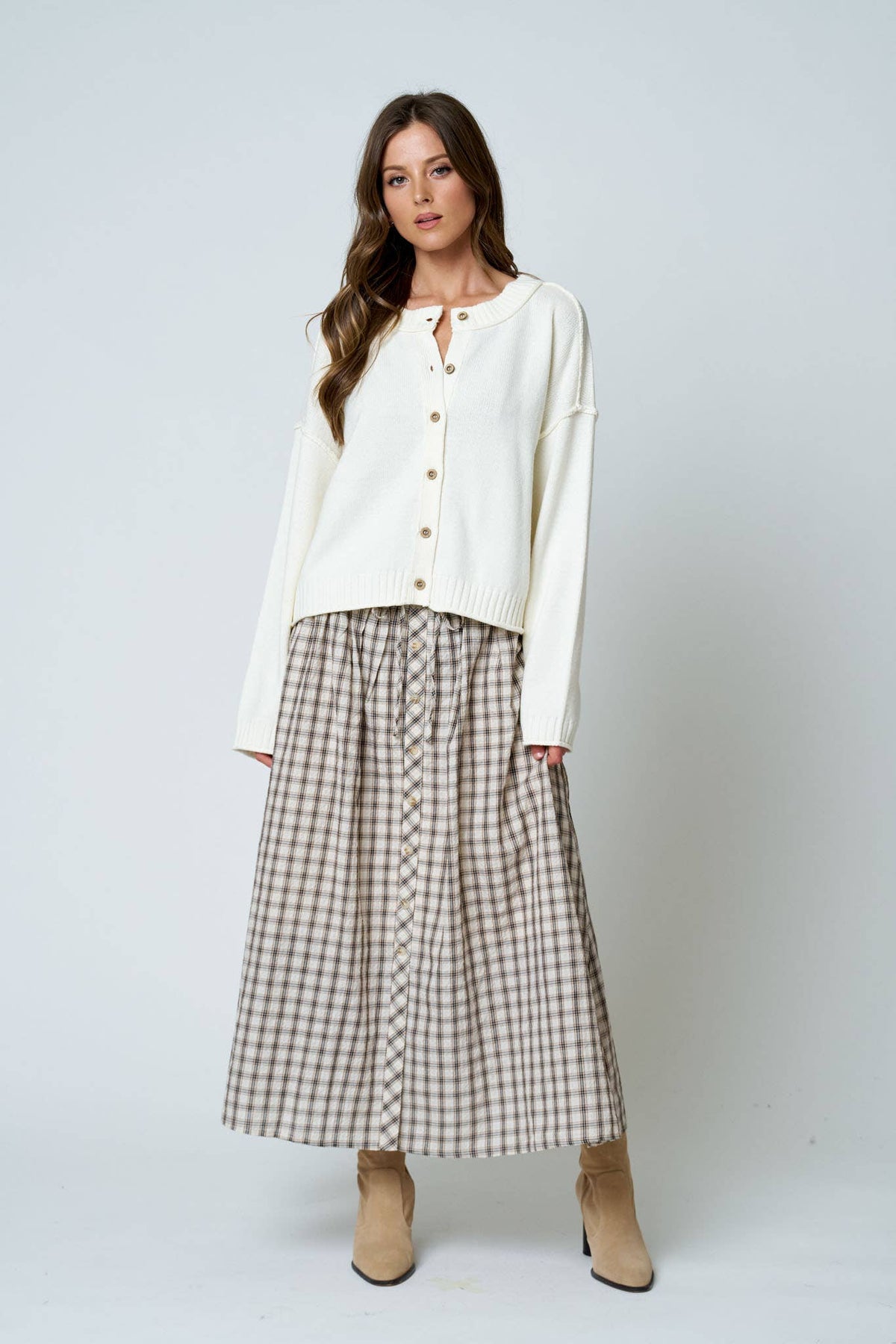 Khaki Plaid Smocked Waist Button Down Midi Skirt - 131008