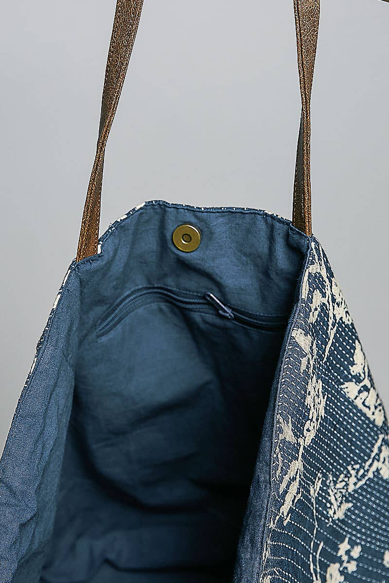 Blue and Beige Contrast Trim Textured Woven Denim Tote Bag - BAGQH2