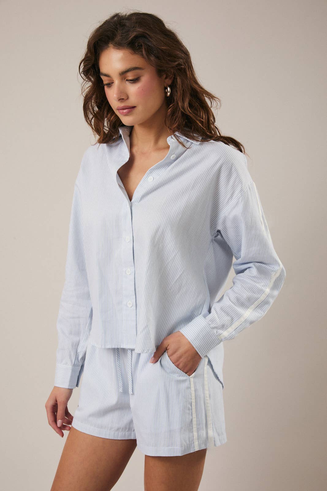 Blue and White Stripe Button Up Blouse - 142063